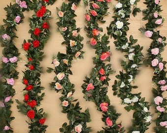 Guirnalda de hojas de rosas de seda, flores artificiales de 2,5 m, vid, hiedra, decoración del hogar, boda y jardín