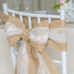 Burlap Chair Sash with Lace Stitched Edge Pew Bows Shabby Chic Wedding Decor-Rustic Wedding Chair Sashes