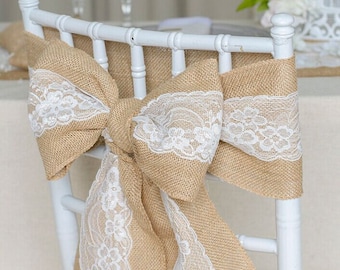 Burlap Chair Sash with Lace Stitched Edge Pew Bows Shabby Chic Wedding Decor-Rustic Wedding Chair Sashes