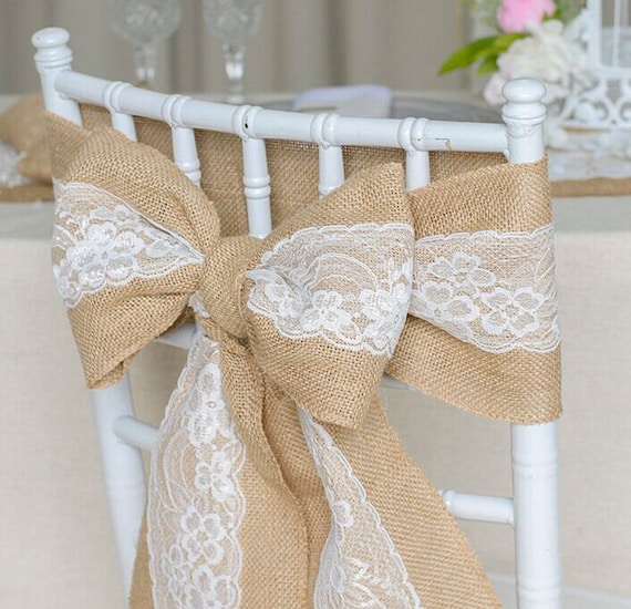 Burlap Chair Sash with Lace Stitched Edge Pew Bows Shabby Chic Wedding  Decor-Rustic Wedding Chair Sashes