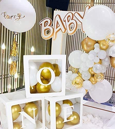 1st Birthday Decorations Box Kit 3pcs White Transparent Square Baby Shower  Boxes ONE for Girl Boy Theme Party Supplies Decoration 