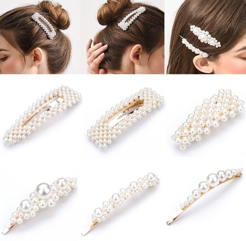 Faux Pearl Hair Clip Barrette Beaded Gold Color Metal Snap Etsy