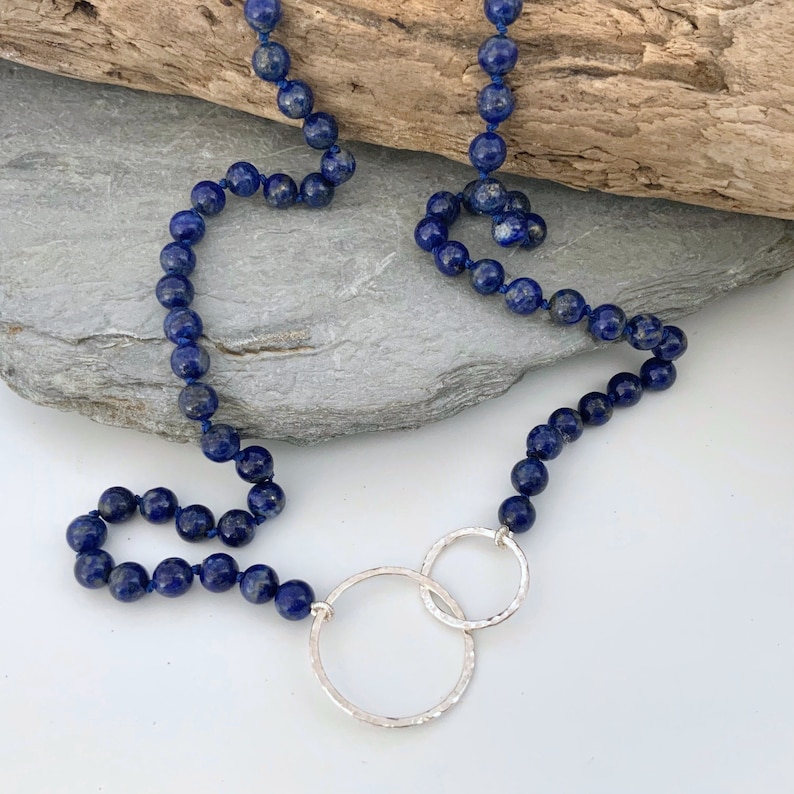 Silver circles necklace with Lapis Lazuli semi precious beads