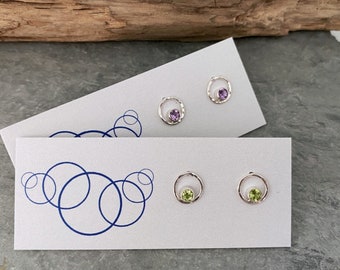 Amethyst earrings or Peridot earrings. small stud earrings with gemstones, open circle studs, round silver earrings, Birthstone earrings