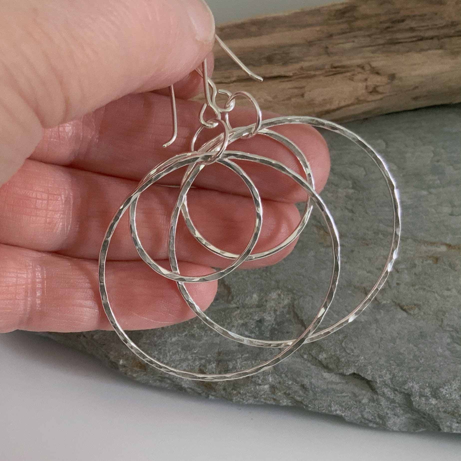 Silver Hoop Earrings With A Sparkly Hammered Finish, Dangly Double Earrings, Large Round Solid Silver Creole