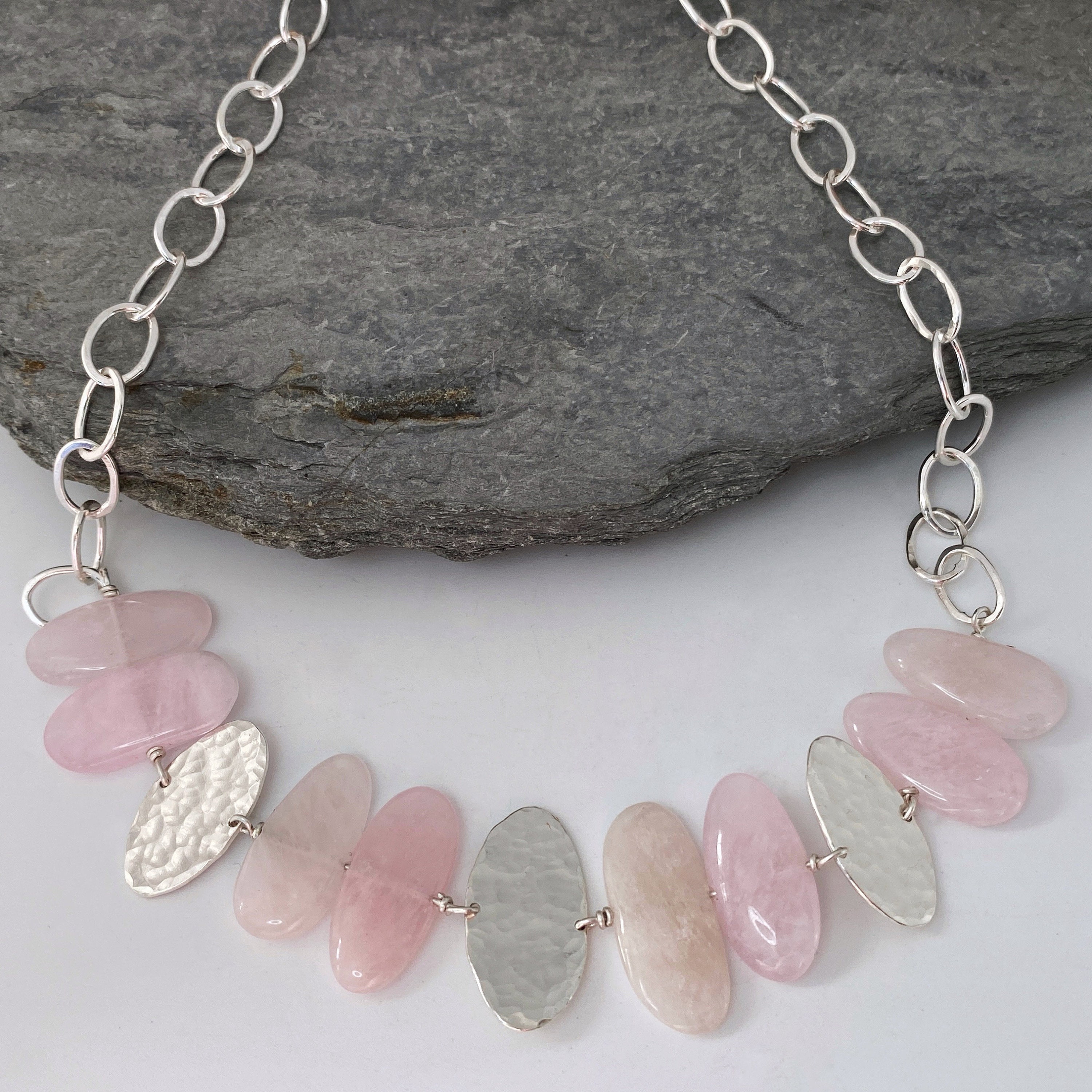 Bold Statement Necklace Handmade From Pink Morganite Beads, Unique Sterling Silver Pendants & Chain