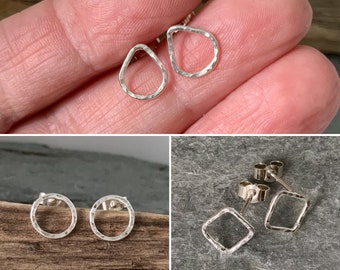 Small silver stud earrings, hammered silver earrings, circle studs, Square studs and teardrop studs, delicate silver earrings