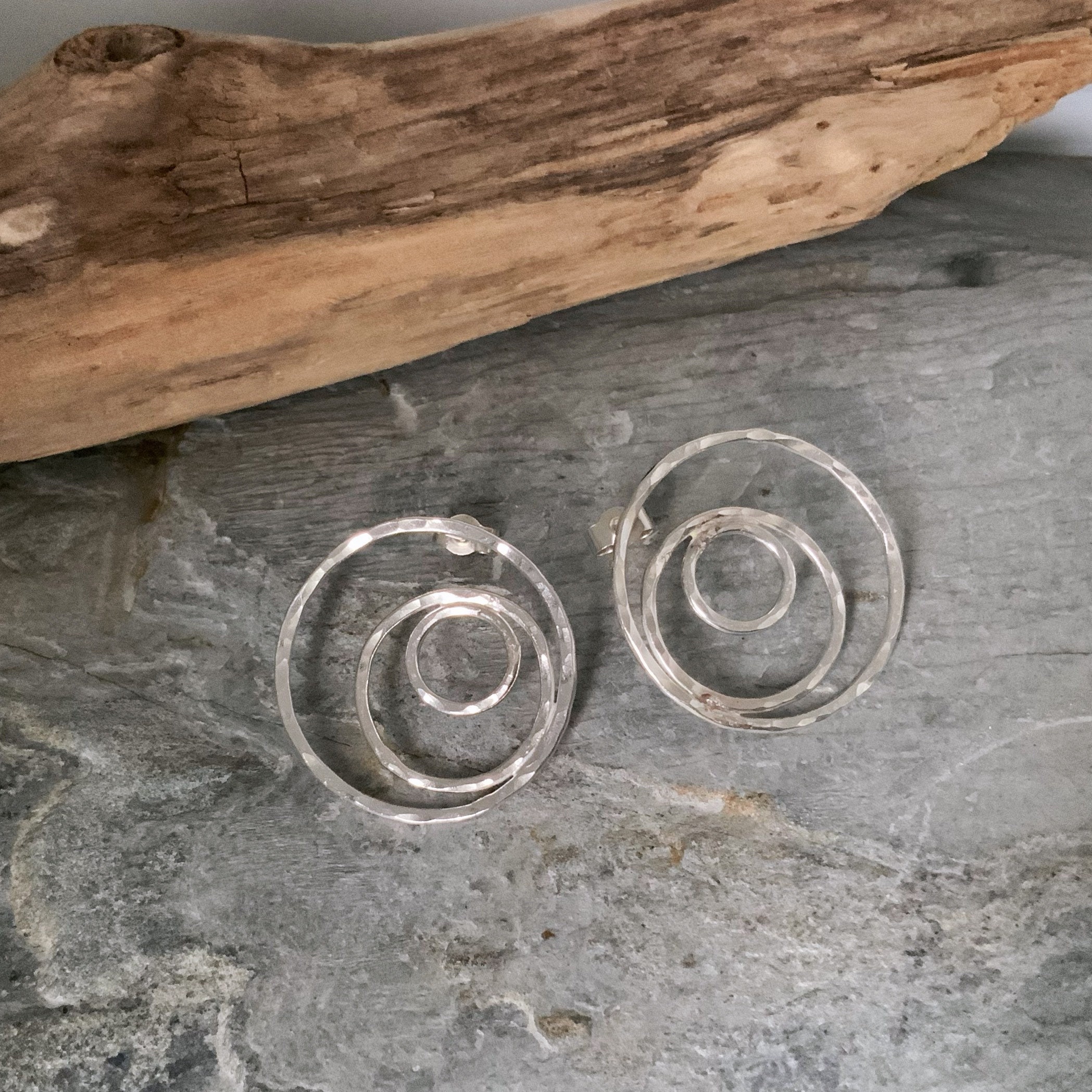 Round Silver Earrings With A Sparkly Hammered Finish, Unusual Handmade Earrings, Open Circles Stud