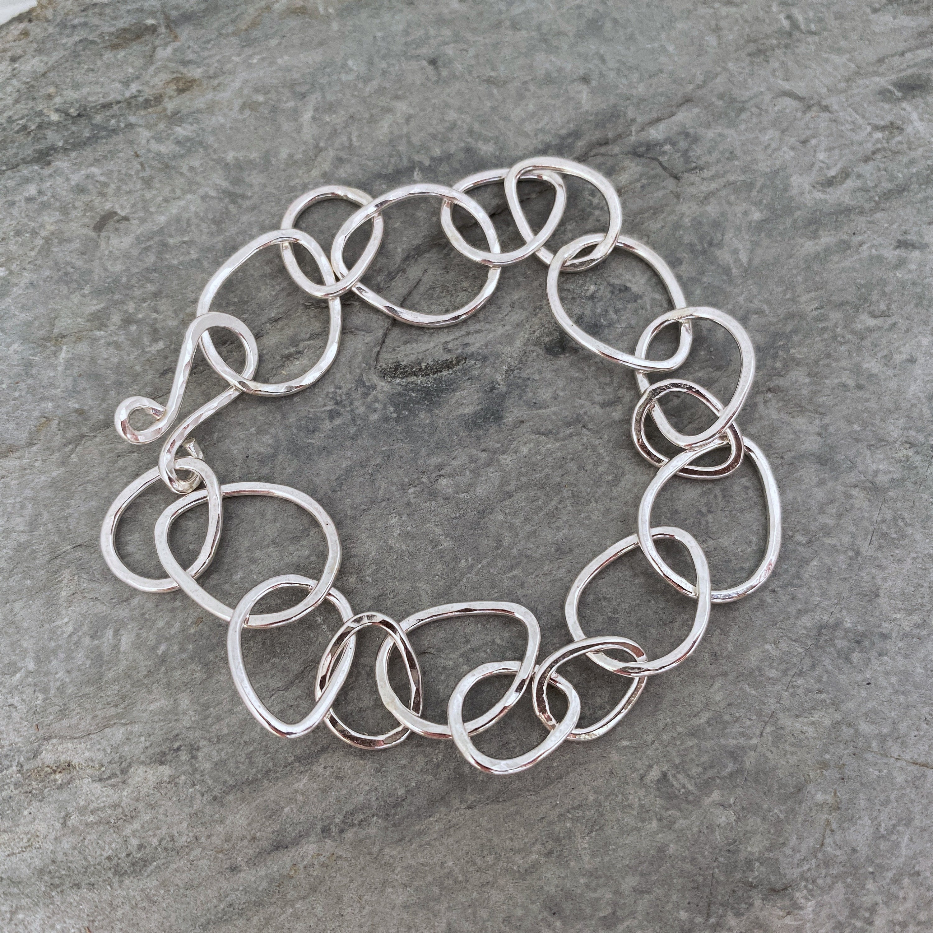 Silver Chain Bracelet With Raindrop Shaped Links, Unique Hammered Silver Handmade Links Bracelet