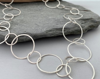 Satin finish silver chain necklace with large round circle links, handmade silver statement necklace, flat matt finish silver necklace