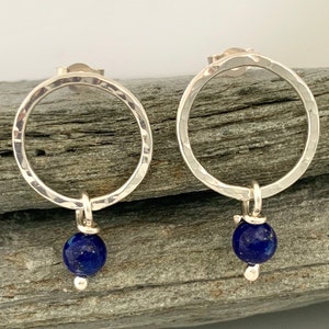 Silver circle stud earrings with Lapis Lazuli beads, open circle earrings, hammered silver earrings, Bright blue Lapis Lazuli earrings image 5