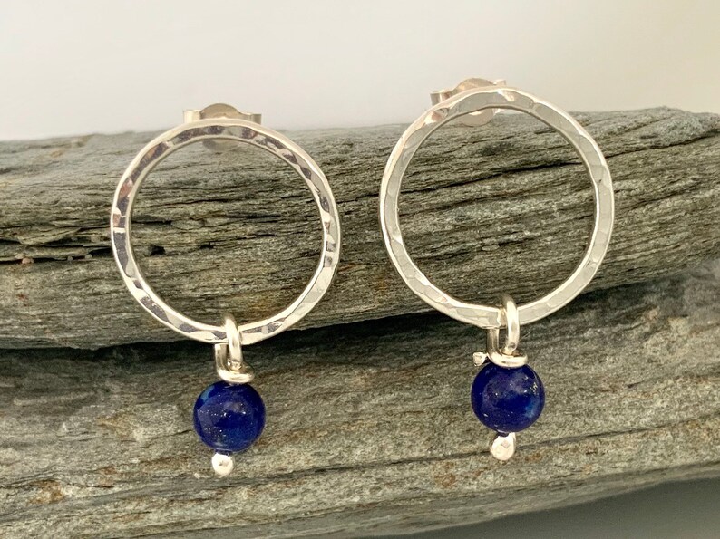 Silver circle stud earrings with Lapis Lazuli beads, open circle earrings, hammered silver earrings, Bright blue Lapis Lazuli earrings image 5