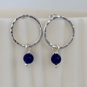 Silver circle stud earrings with Lapis Lazuli beads, open circle earrings, hammered silver earrings, Bright blue Lapis Lazuli earrings image 1