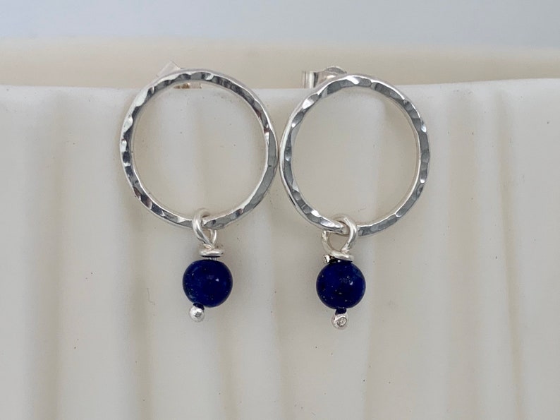 Silver circle stud earrings with Lapis Lazuli beads, open circle earrings, hammered silver earrings, Bright blue Lapis Lazuli earrings image 1