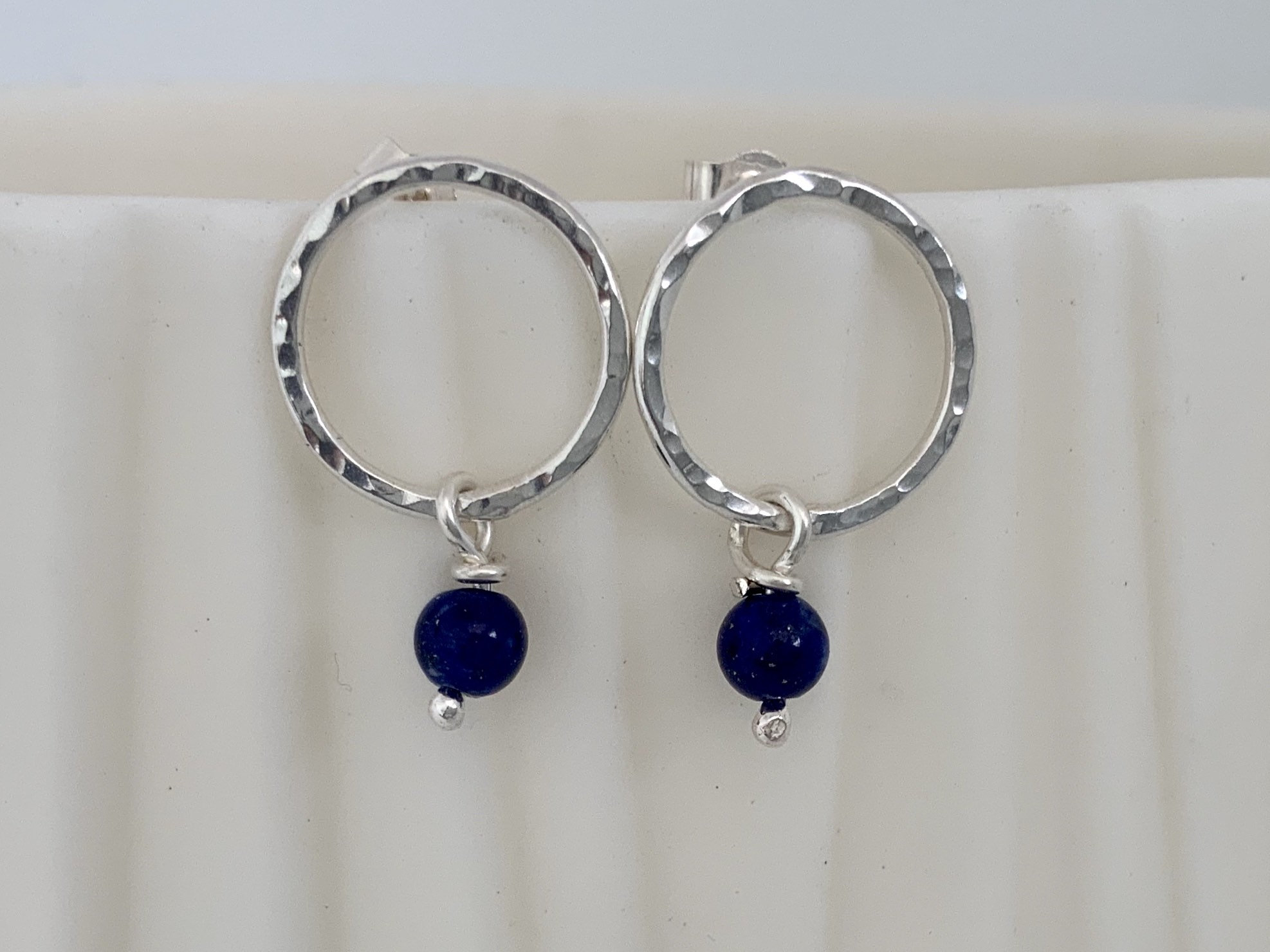 Silver Circle Stud Earrings With Lapis Lazuli Beads, Open Earrings, Hammered Silver Bright Blue