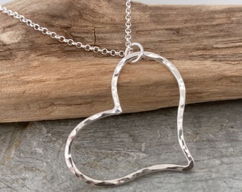 Silver heart pendant with a sparkly hammered texture, handmade open heart necklace, perfect valentines gift, girlfriend present