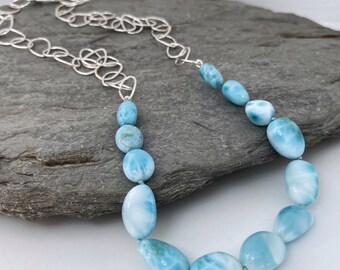 Unique Larimar beads and delicate handmade silver chain necklace.