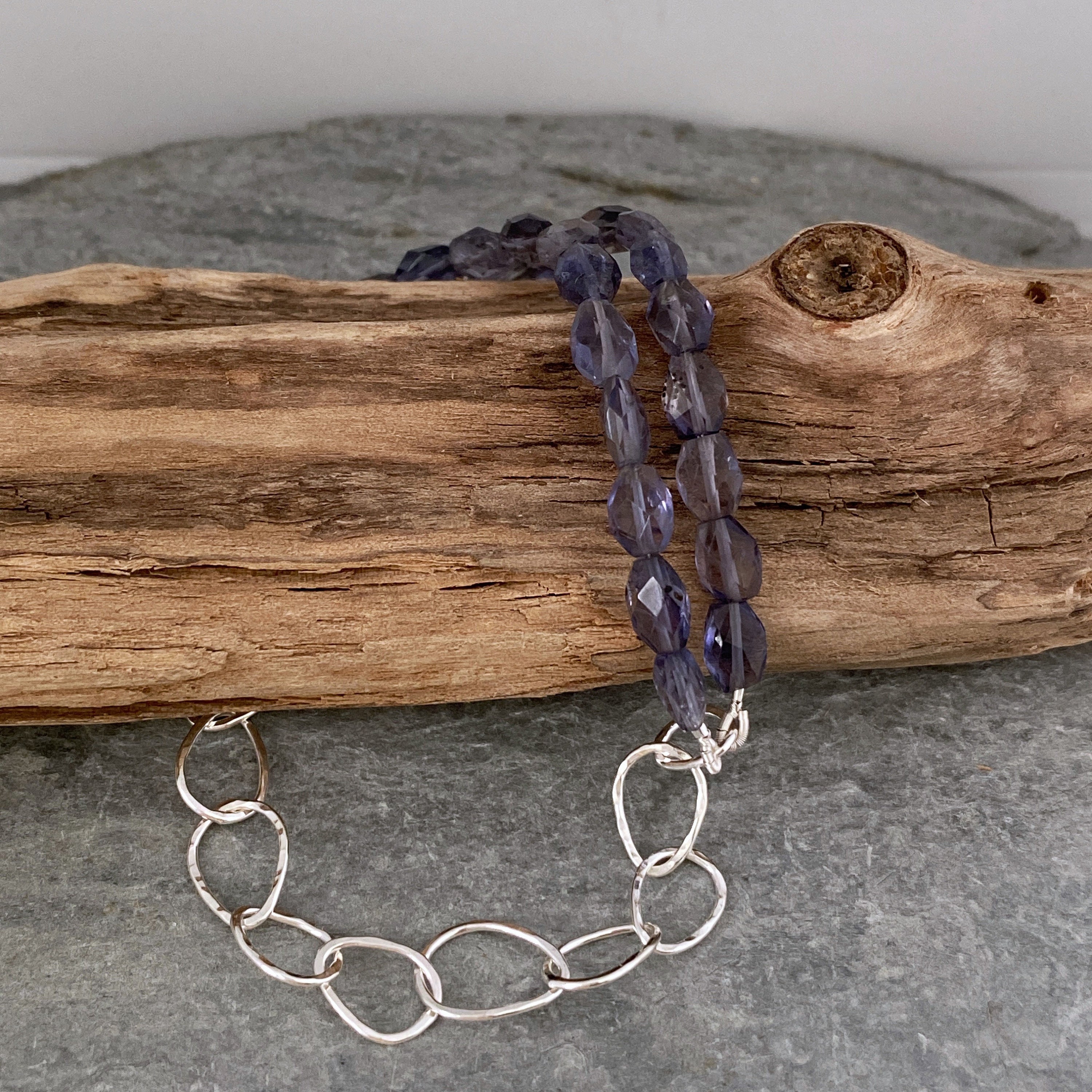 Blue Iolite & Silver Chain Bracelet, Hammered Bracelet With Tiny Beads, Unique Handmade Delicate