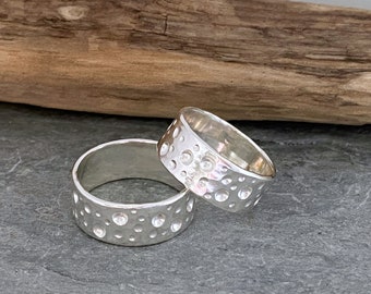 Hammered silver ring band with heavy texture, wide silver ring, silver thumb ring, patterned silver ring, wedding ring, ladies or men’s ring