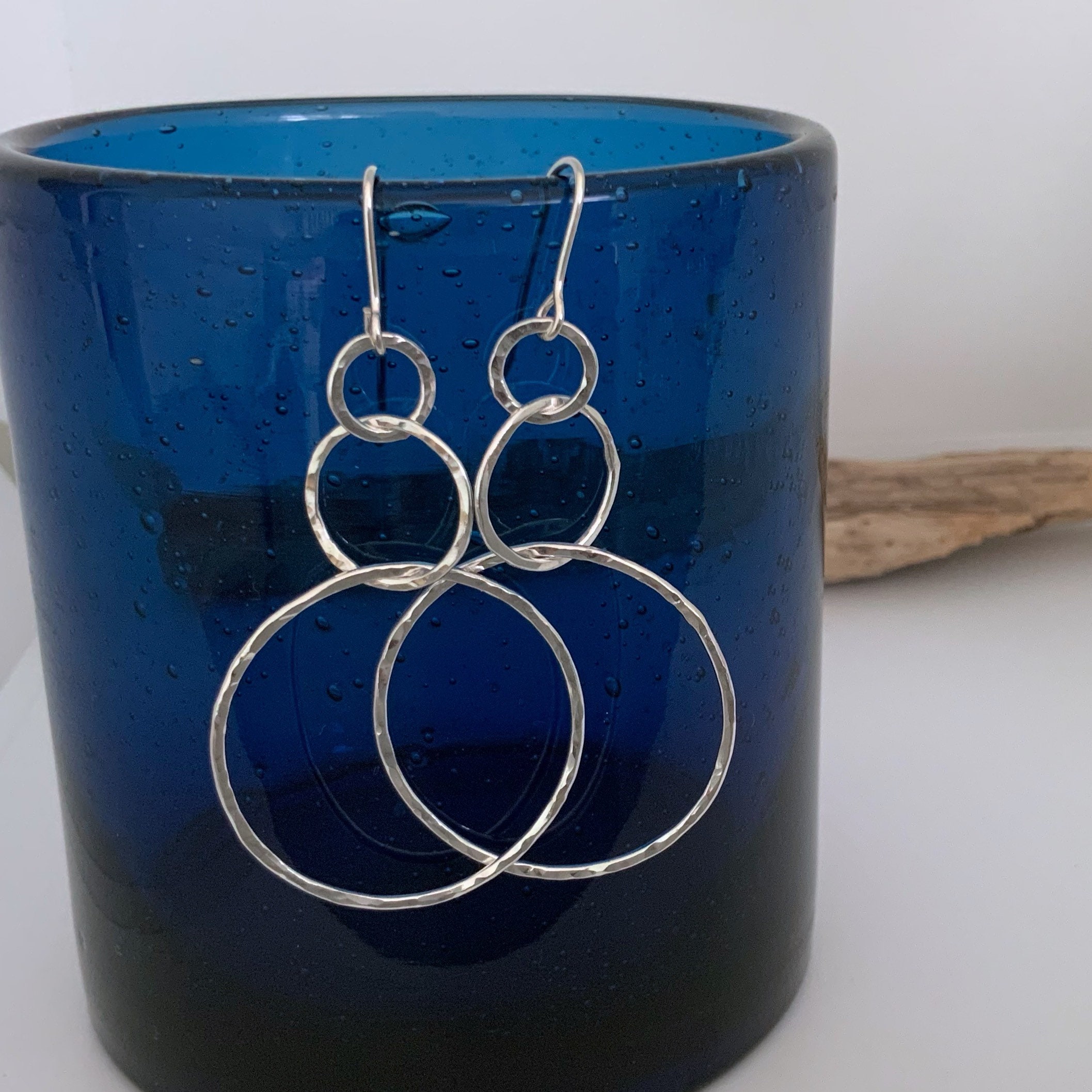 Big Round Silver Earrings Handmade From Hammered Silver, Super Dangly Hoop Earrings, Triple Rings Earrings