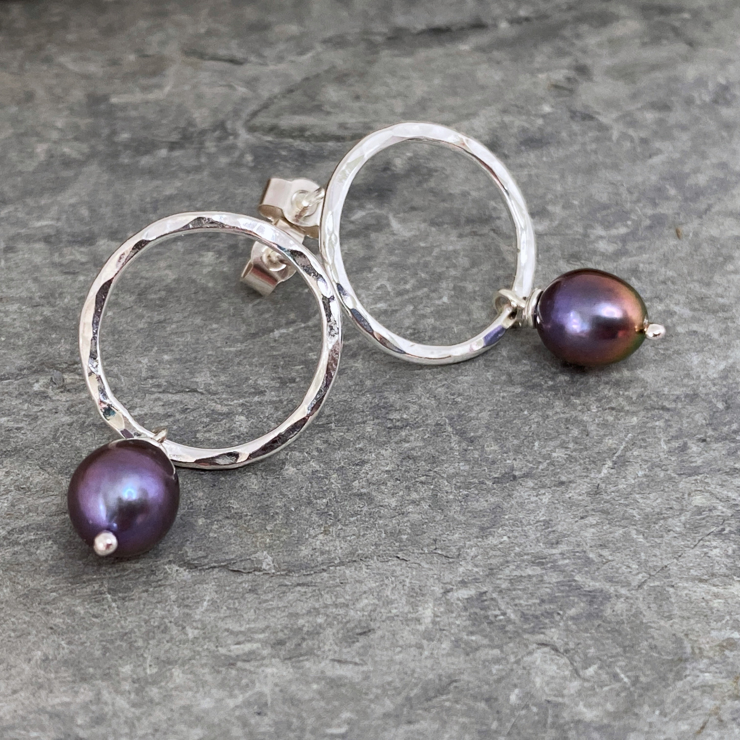 Round Stud Earrings With Peacock Freshwater Pearl Drops, Hammered Silver Rings A Wire Wrapped Dangle