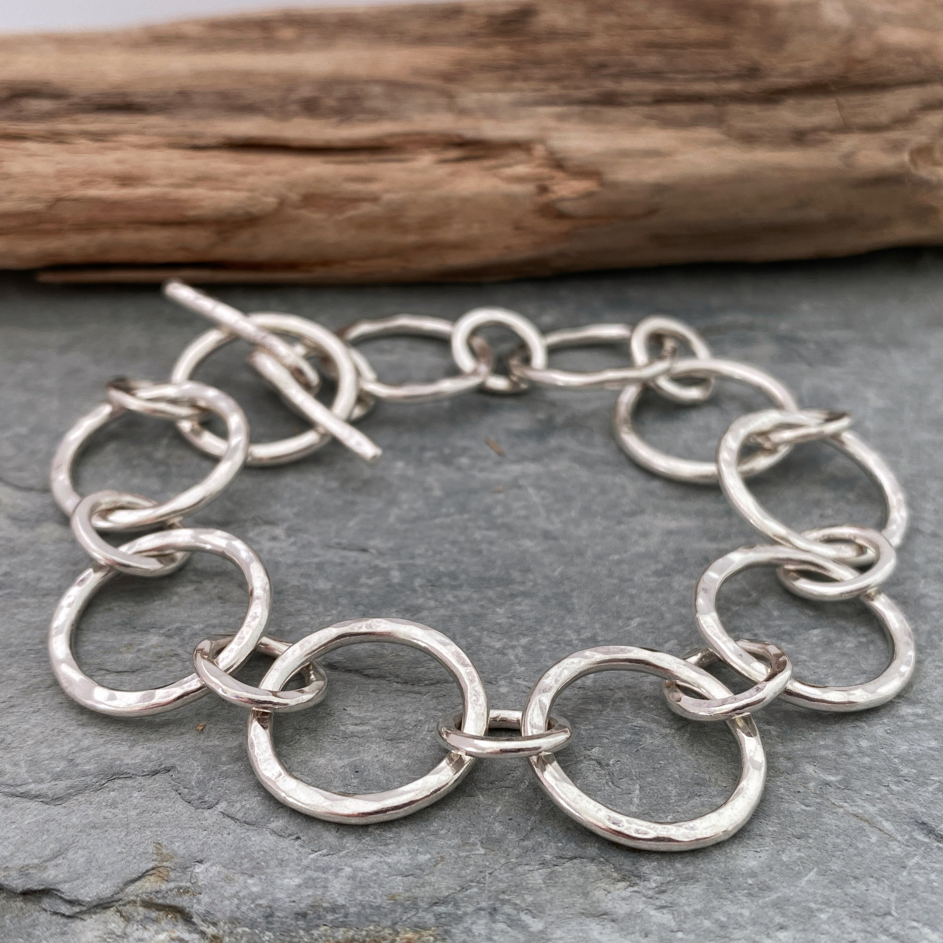 Handmade Chunky Silver Chain Bracelet With Round Links, Hammered Toggle Fastening
