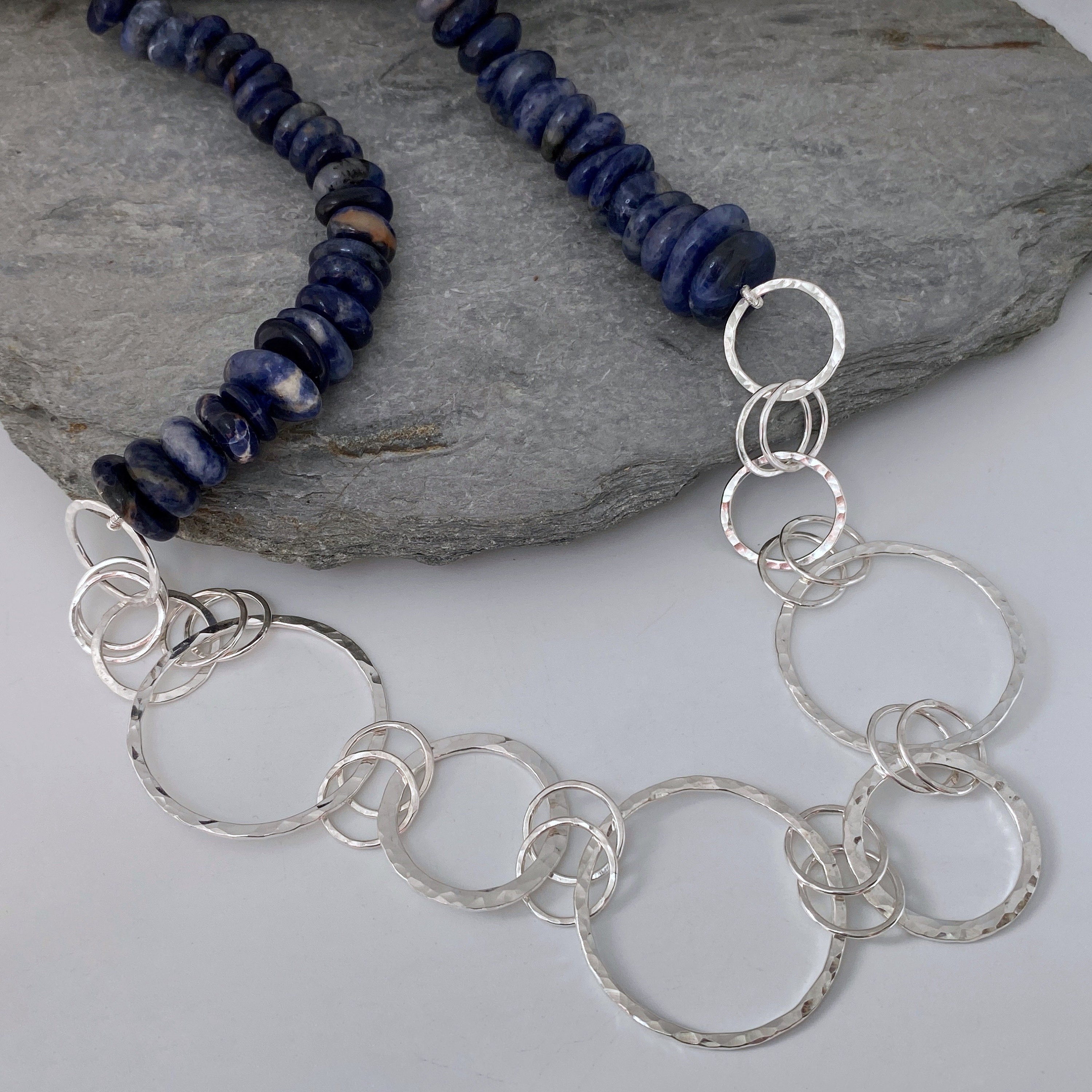 Chunky Silver Necklace Made From Large Round Sterling Links & Nugget Shaped Sodalite Beads