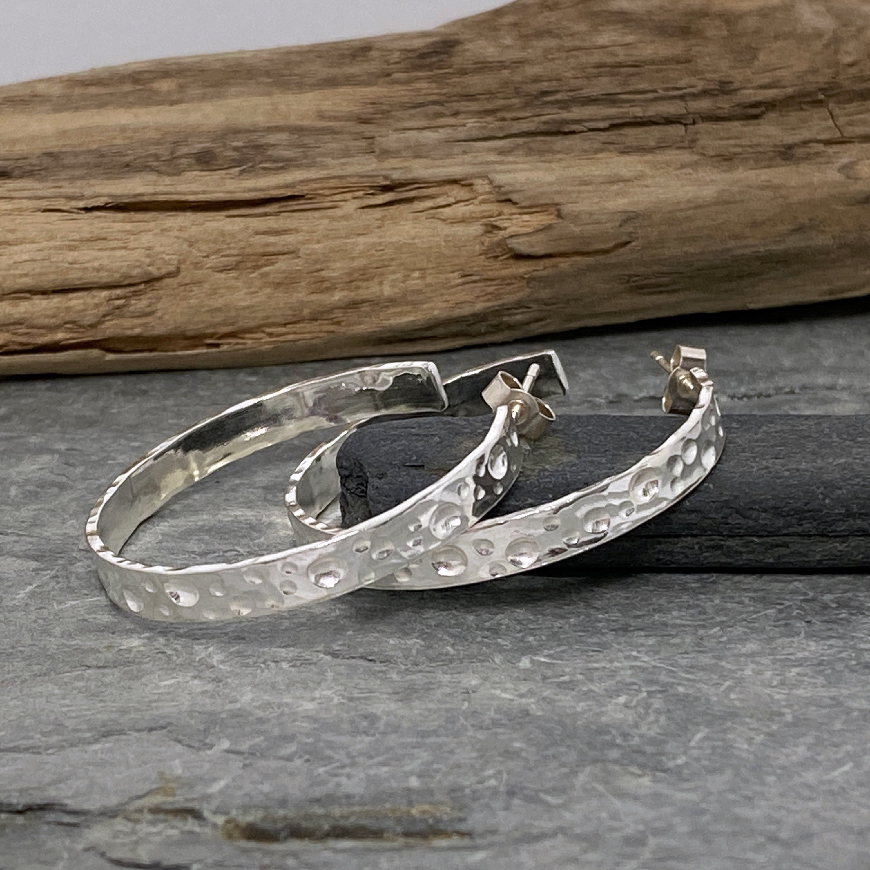 Silver Hoop Earrings With A Contemporary Patterned Surface, Silver Creole Earrings, Hammered Handmade