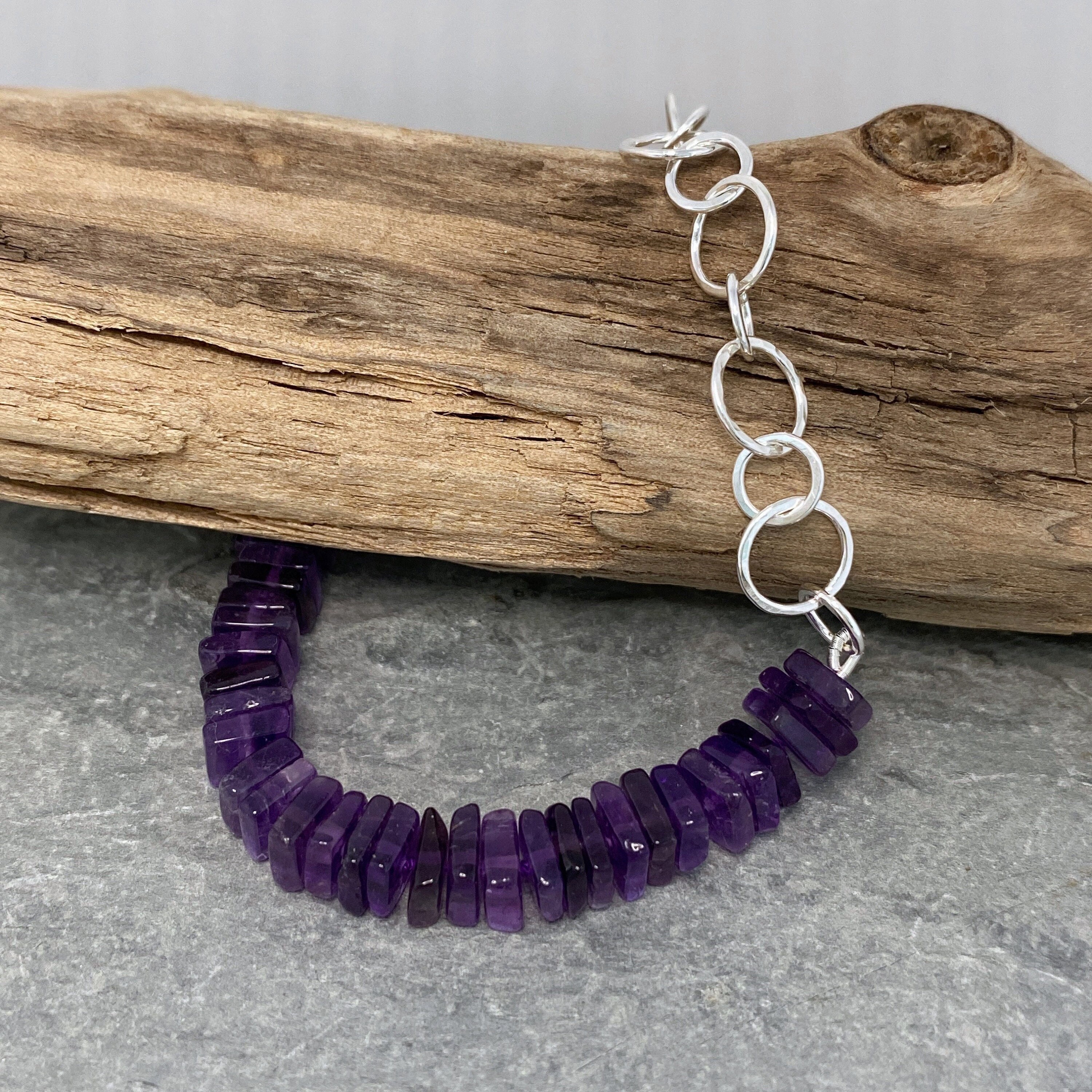 Unique Amethyst & Silver Links Bracelet, Chain Bracelet With Purple Beads, Unusual Bead Bracelet