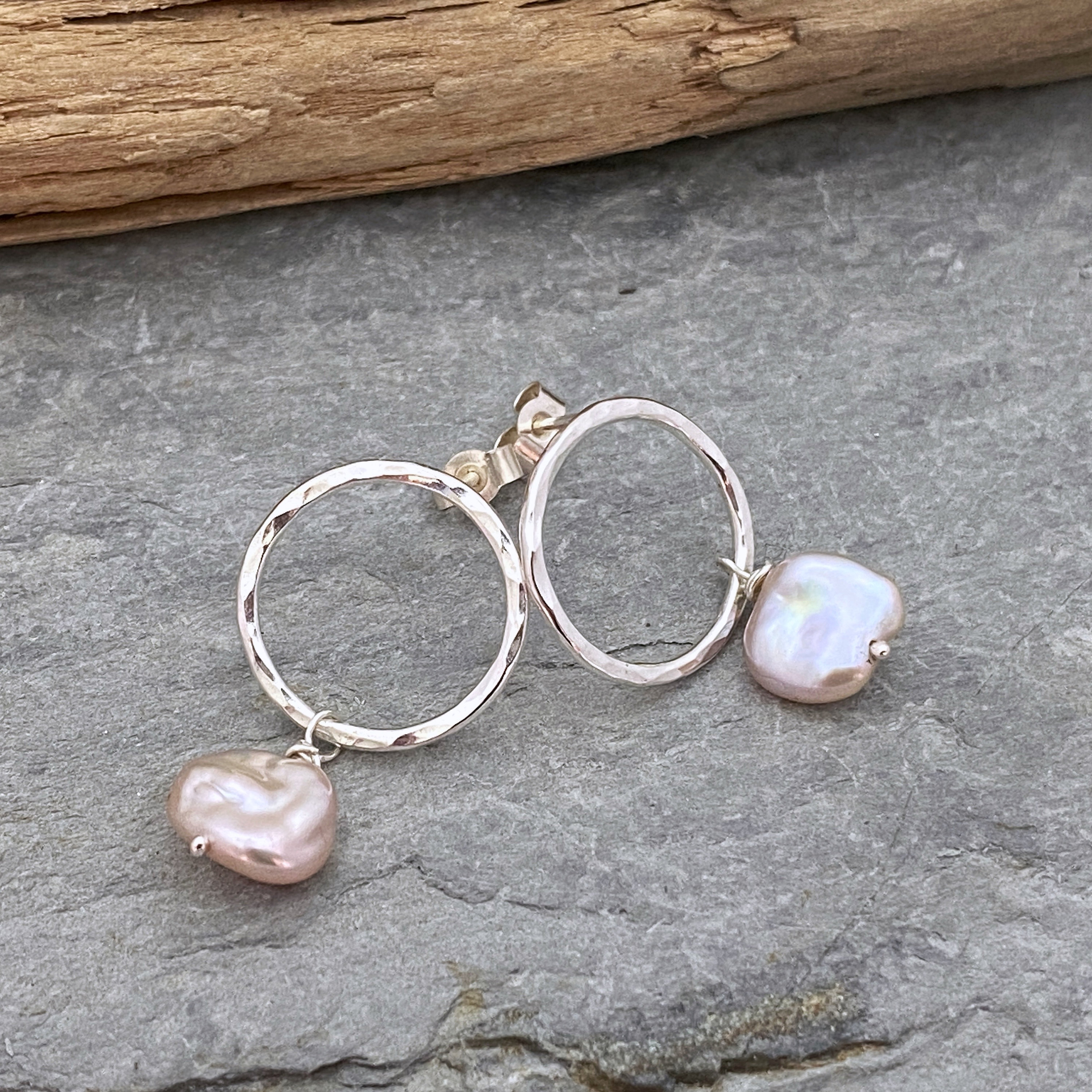 Open Circle Stud Earrings With Pink Keshi Pearl Drops, Hammered Silver Rings A Wire Wrapped Dangle