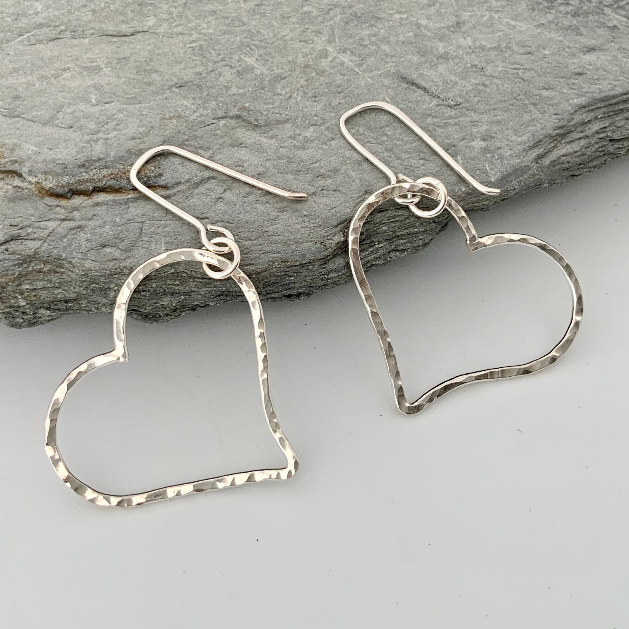Heart Shaped Dangly Earrings Handmade From Hammered Silver