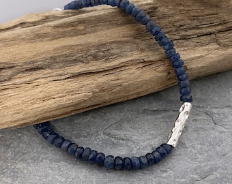 Sapphire bracelet, Sparkly Sapphire bracelet with a bubbles patterned silver tube bead. Blue sapphire bead bracelet