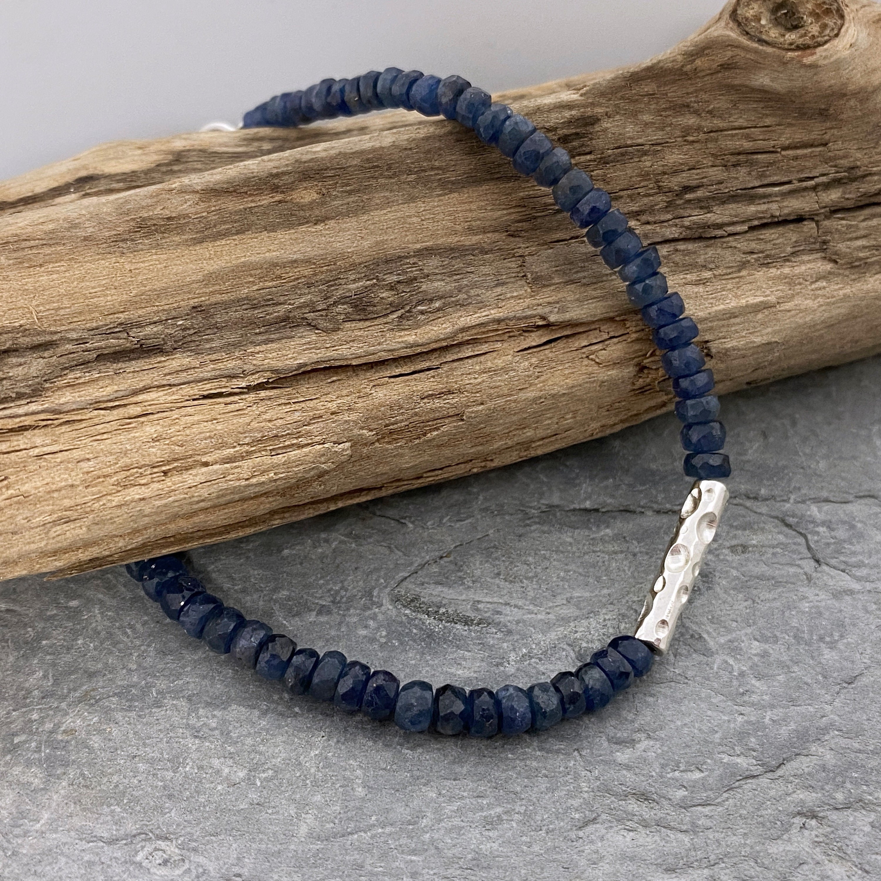 Sapphire Bracelet, Sparkly Bracelet With A Bubbles Patterned Silver Tube Bead. Blue Sapphire Bead