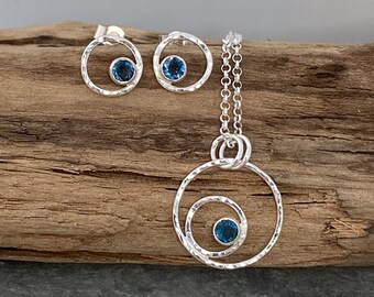 Topaz necklace and earrings set, hammered silver circle pendant with matching earrings, Blue Topaz earrings, silver earrings