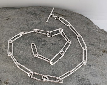 Chunky silver chain with paper clip links, heavy chain necklace, hammered silver long links chain, thick chain necklace