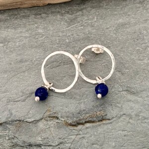 Silver circle stud earrings with Lapis Lazuli beads, open circle earrings, hammered silver earrings, Bright blue Lapis Lazuli earrings image 4