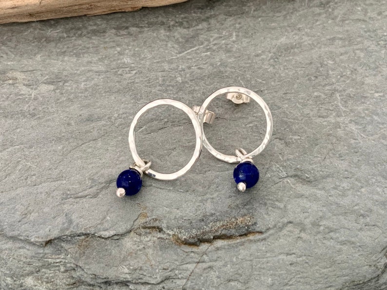 Silver circle stud earrings with Lapis Lazuli beads, open circle earrings, hammered silver earrings, Bright blue Lapis Lazuli earrings image 4