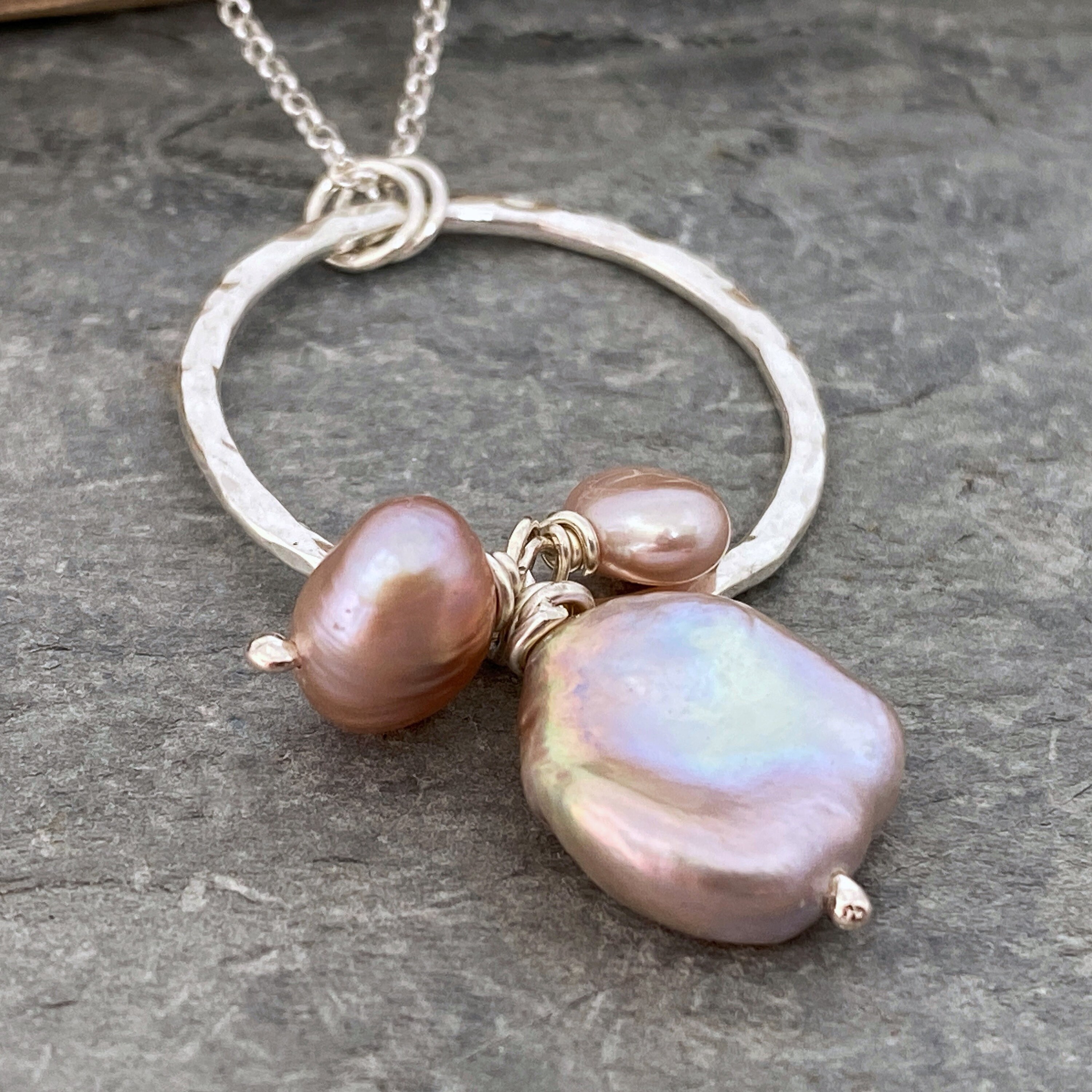 Silver Circle Pendant With Pretty Pink Fresh Water Pearls. Keshi Pearl Necklace, Silver & Pendant, June Birthday Gift