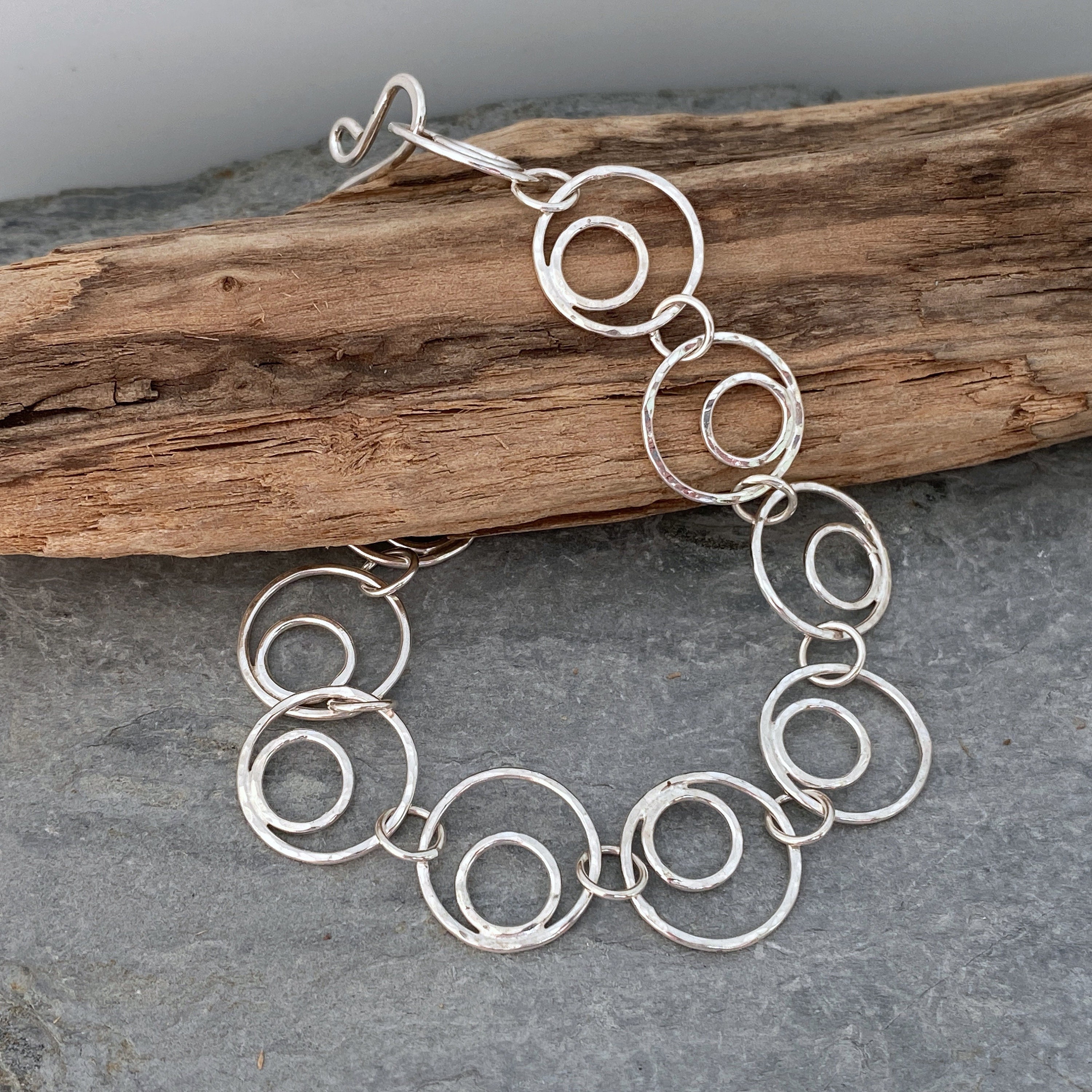 Silver Circles Bracelet, Solid Silver Handmade Bracelet Made From Hammered Circles, Bold Yet Elegant Jewellery, Unique Jewellery