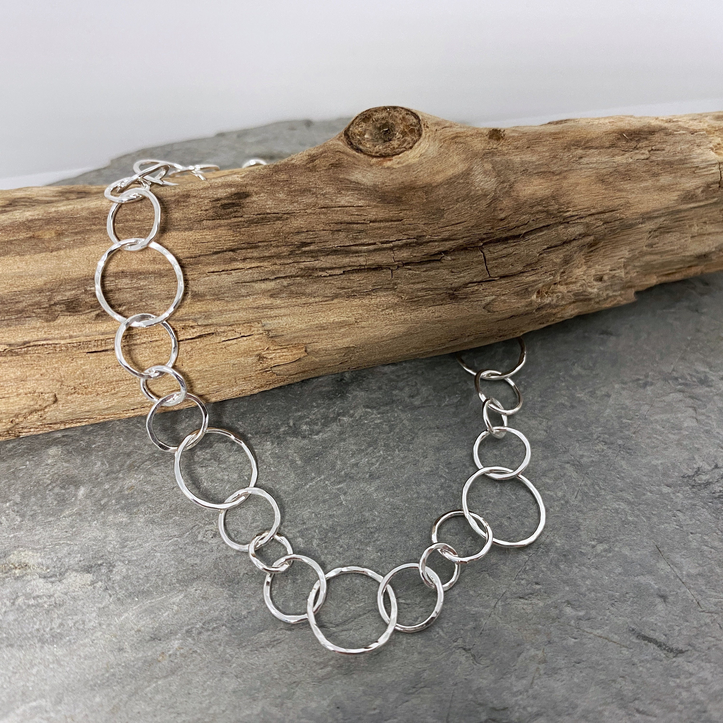 Silver Chain Bracelet With Small Round Links, Delicate Hammered Silver