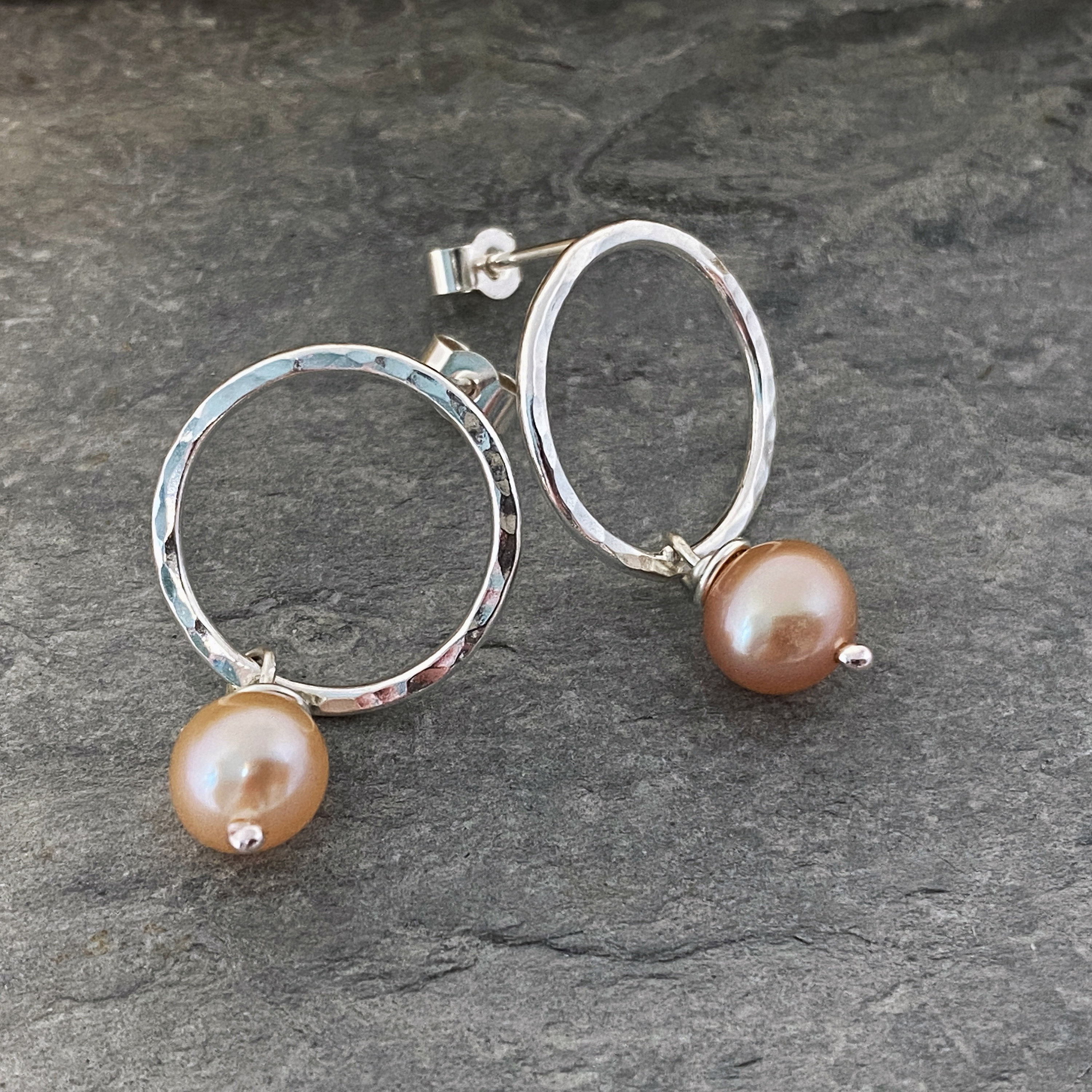 Open Circle Stud Earrings With Pink Freshwater Pearl Drops, Hammered Silver Rings A Wire Wrapped Dangle