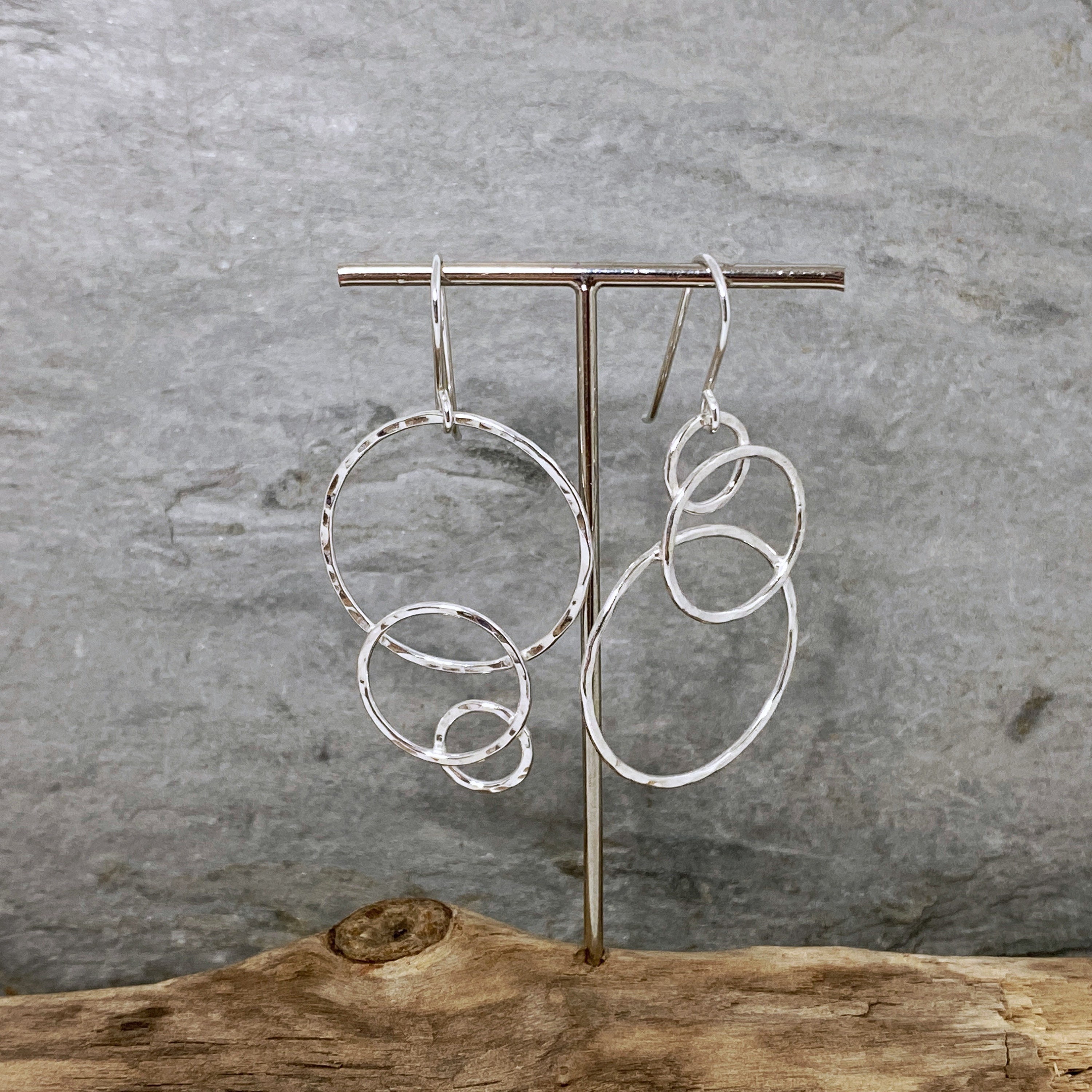 Hammered Silver Circle Earrings in An Asymmetrical Yin Yang Design