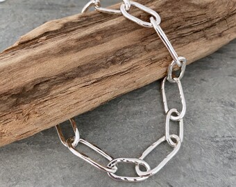 Handmade chunky silver paperclip bracelet with a hammered silver finish