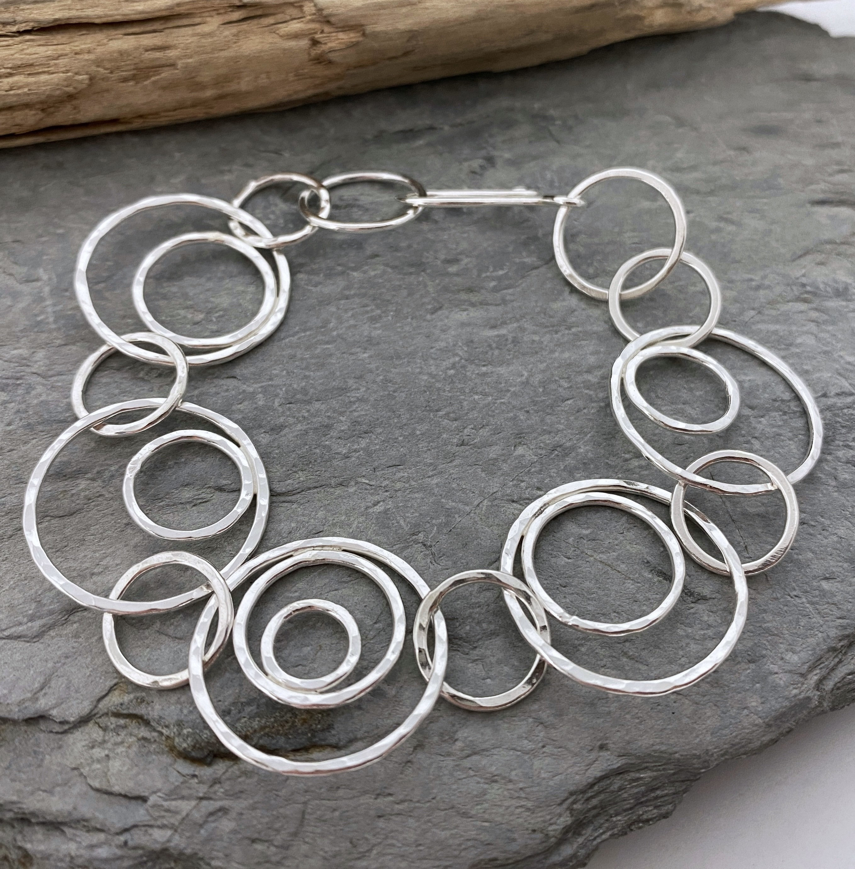 Silver Chain Bracelet, Handmade Round Links Bracelet With A Sparkly Hammered Finish, Chunky Silver Large Circle