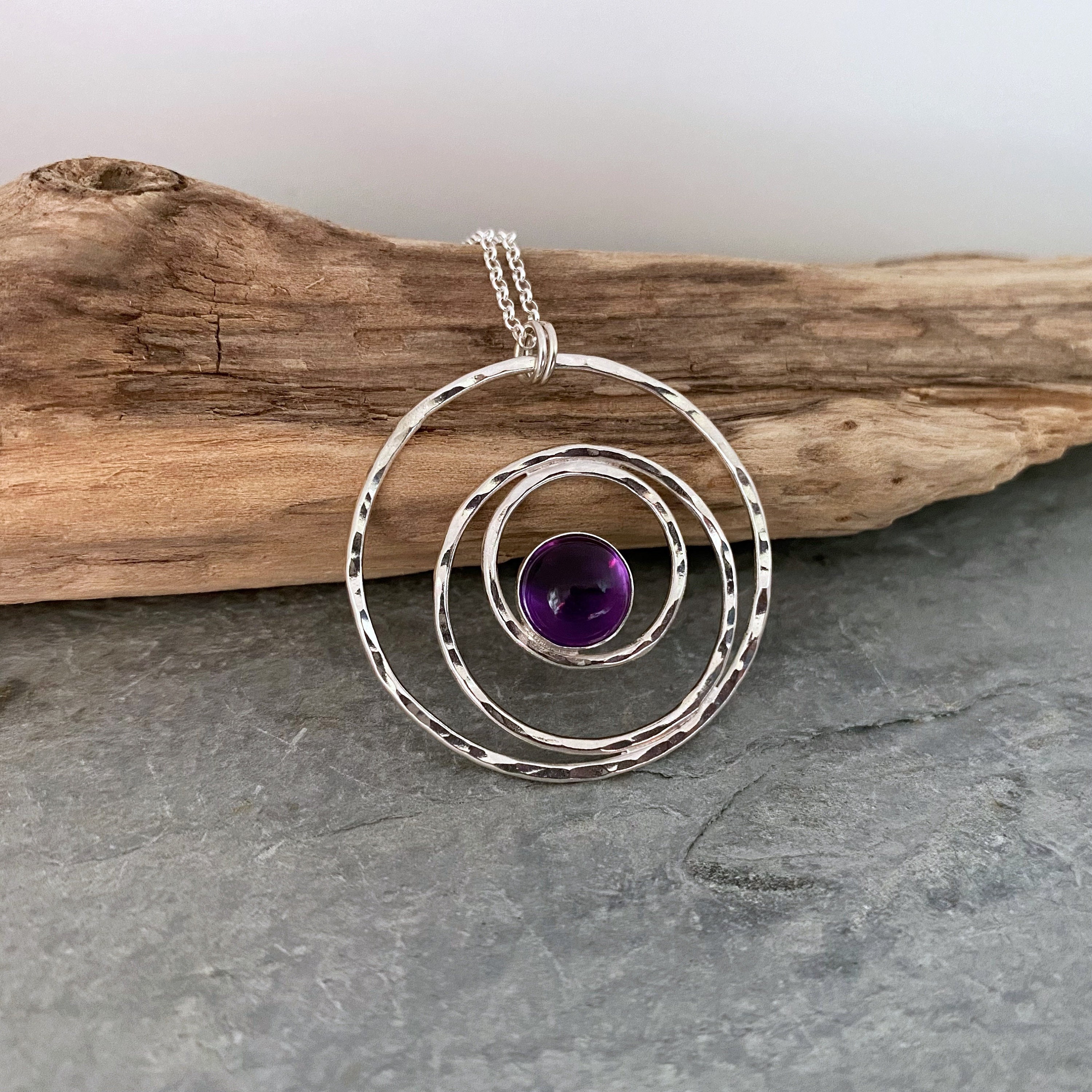 Amethyst Necklace, Silver Circles Pendant With Gemstone, Made From Sterling Silver Rings On A Chain