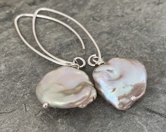 Long dangly grey/pink keshi pearl earrings with beautiful lustre