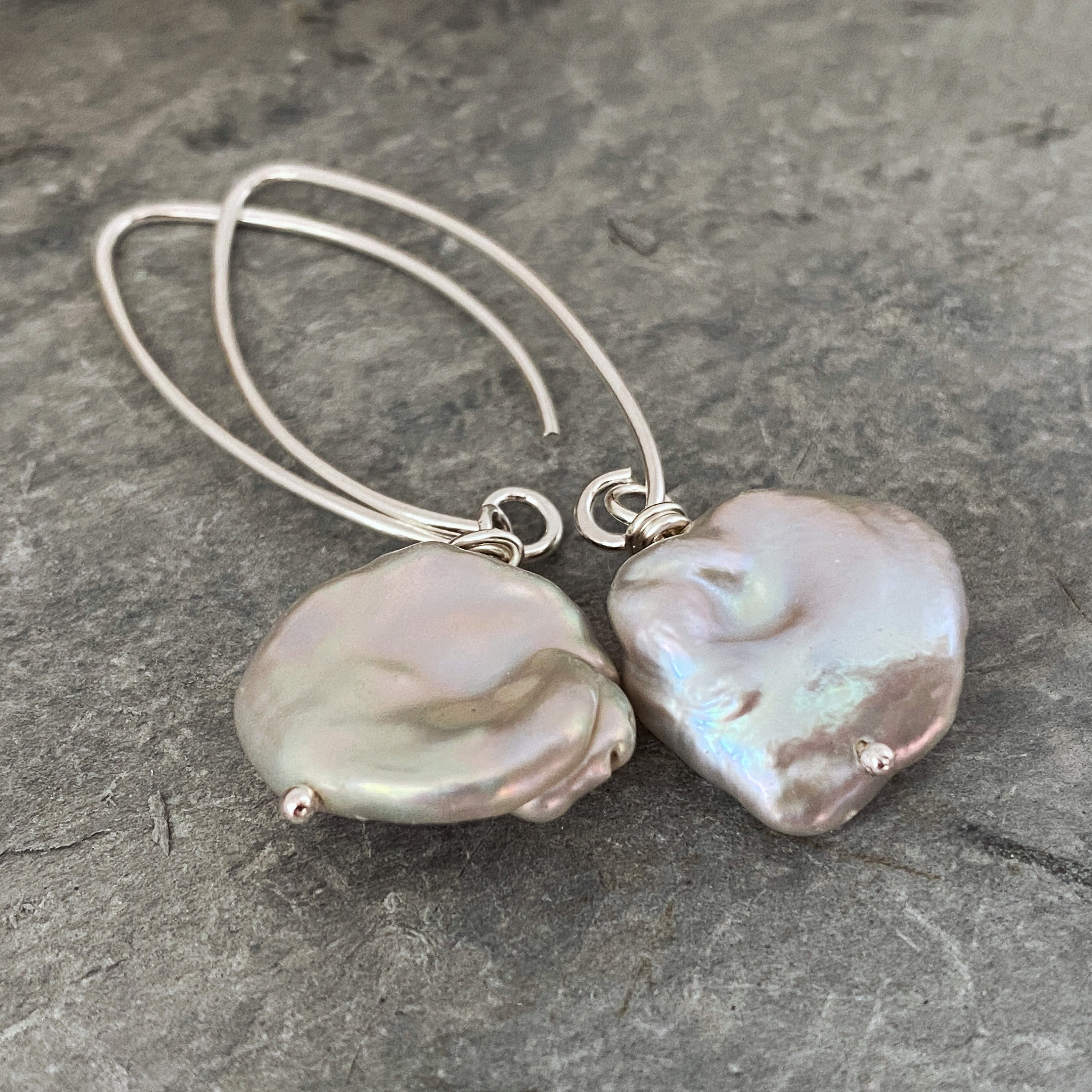 Long Dangly Grey/Pink Keshi Pearl Earrings With Beautiful Lustre