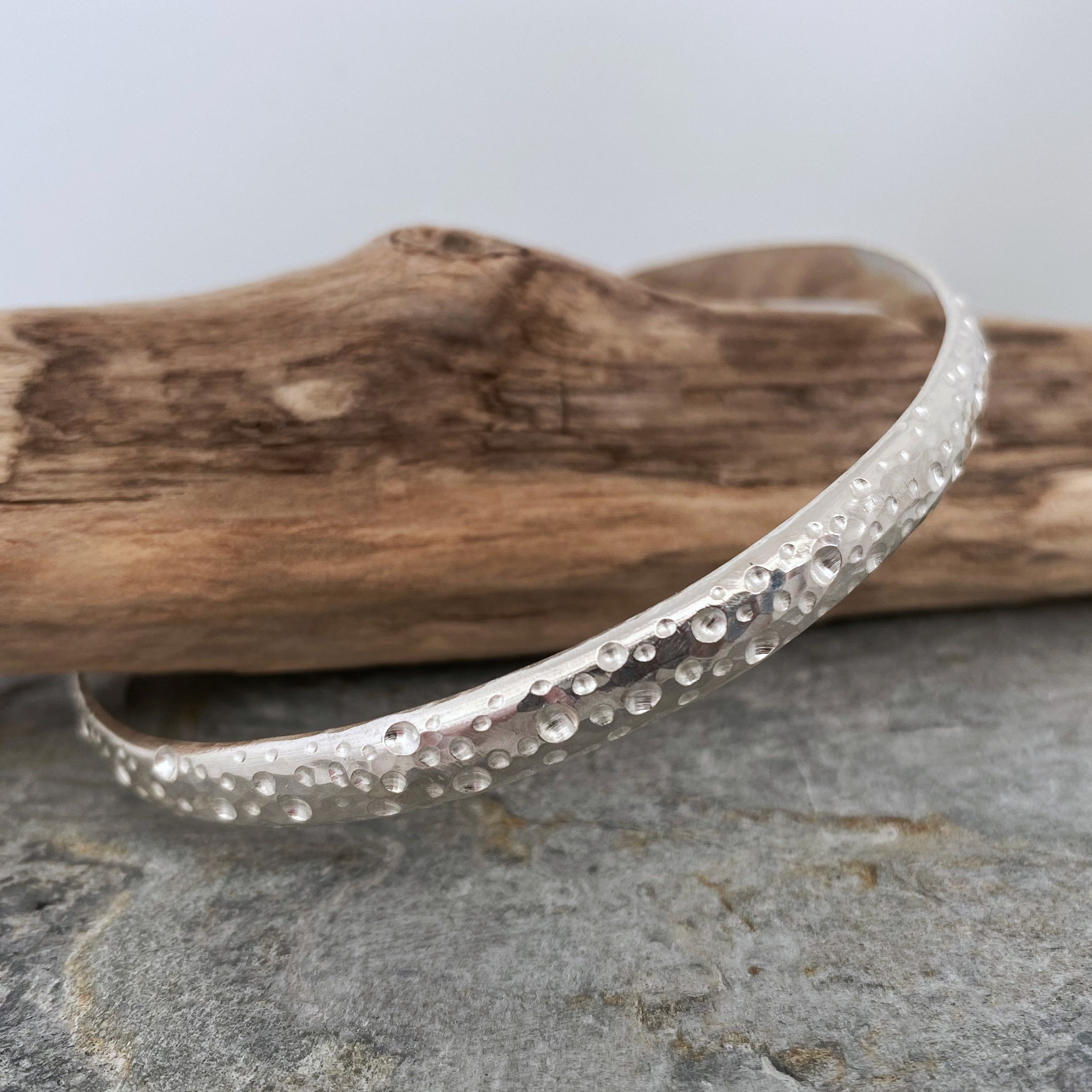 Unique Patterned Solid Silver Bangle, Hammered Sterling Bangle With An Unusual Bubbles Pattern