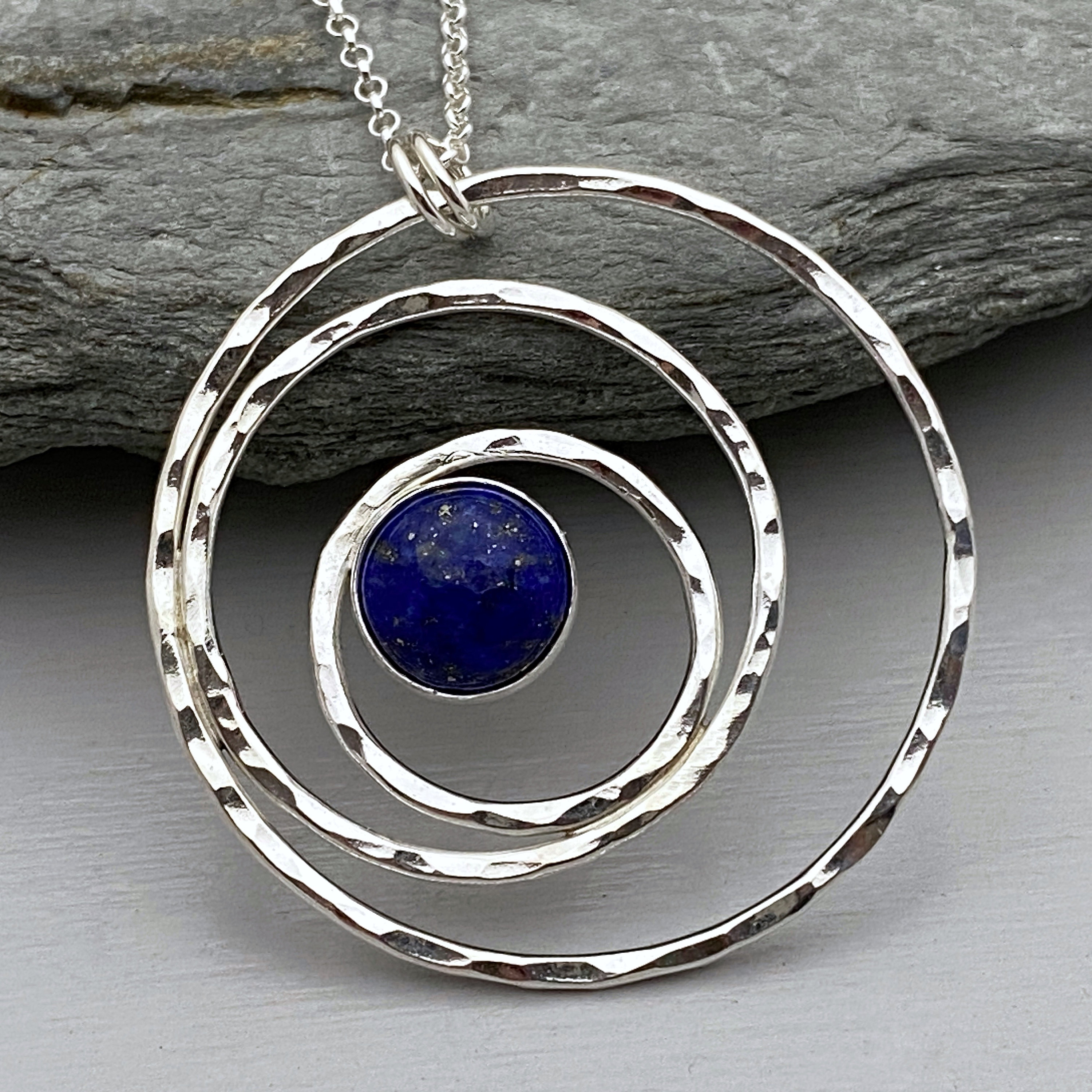 Silver Circles Pendant With Blue Lapis Lazuli Gemstone, Hammered Silver On Chain, Necklace