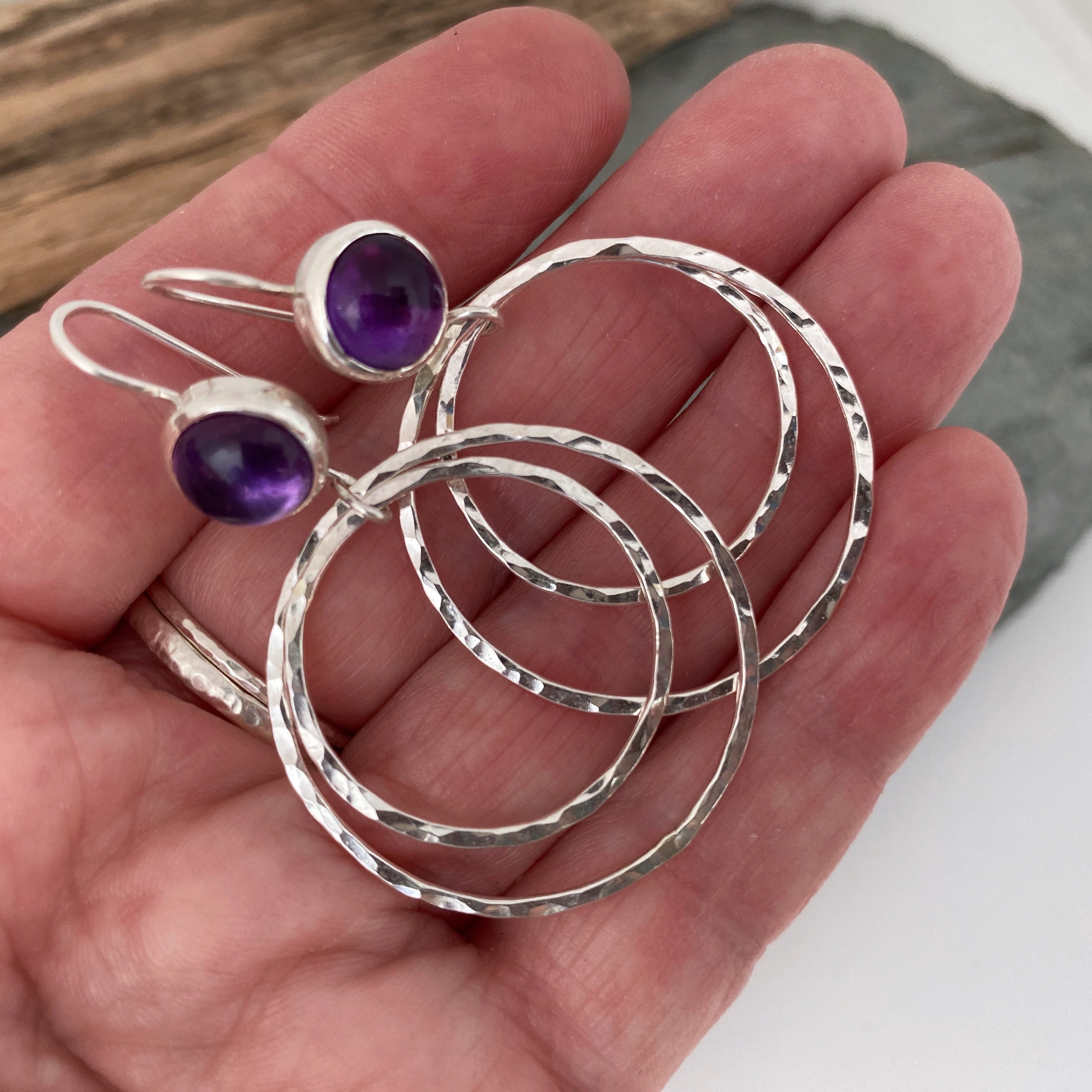 Large Silver Hoop Earrings Topped With Vibrant Purple Amethyst Gemstones. Earrings. Round Unique